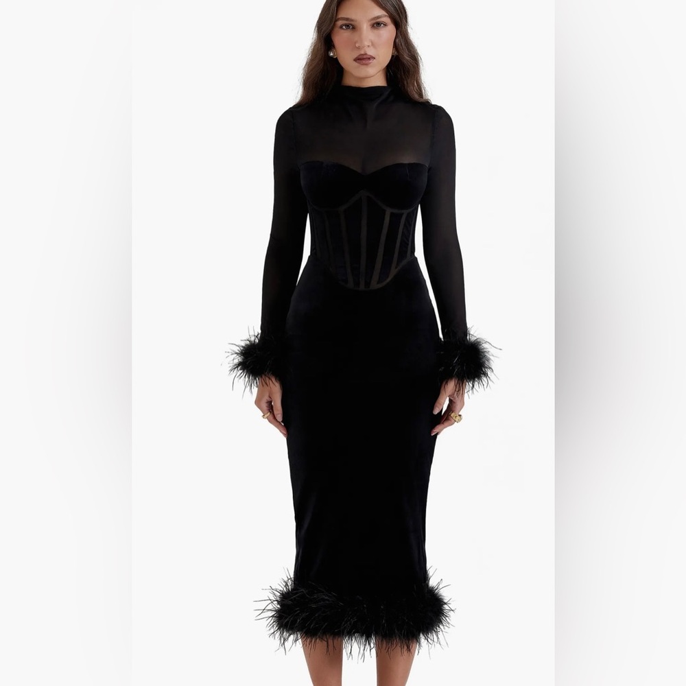 House of Cb Lianna Feather Trim Long Sleeve Corset Midi Dress